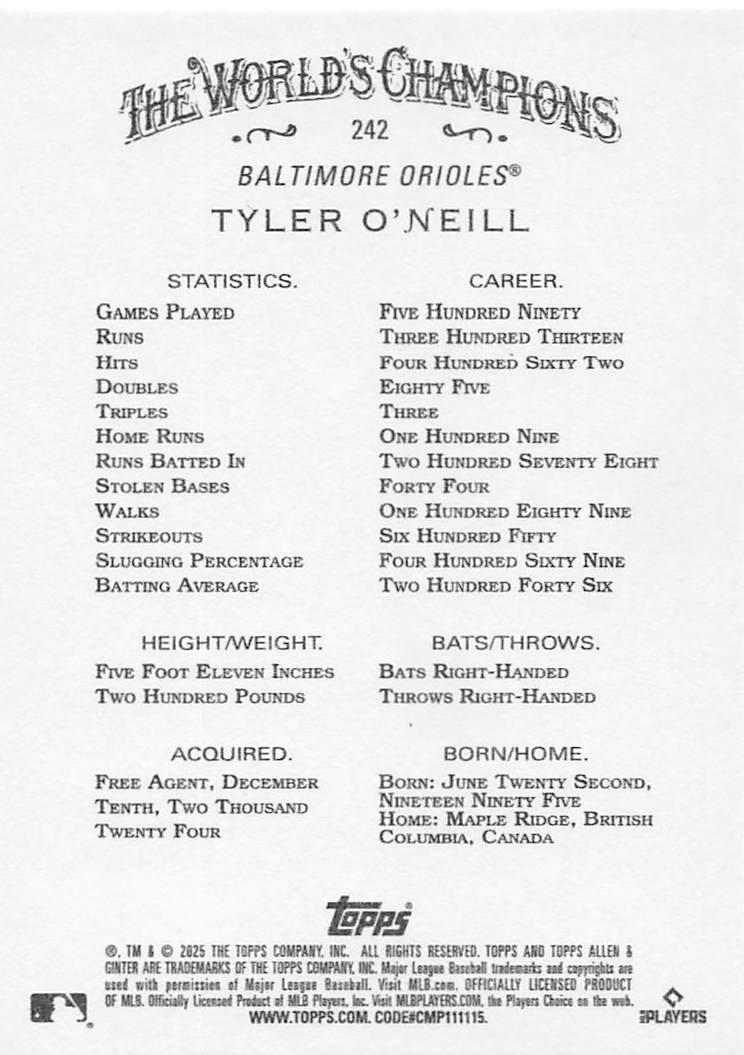 2025 Topps Allen & Ginter Baseball Tyler O'Neill #242