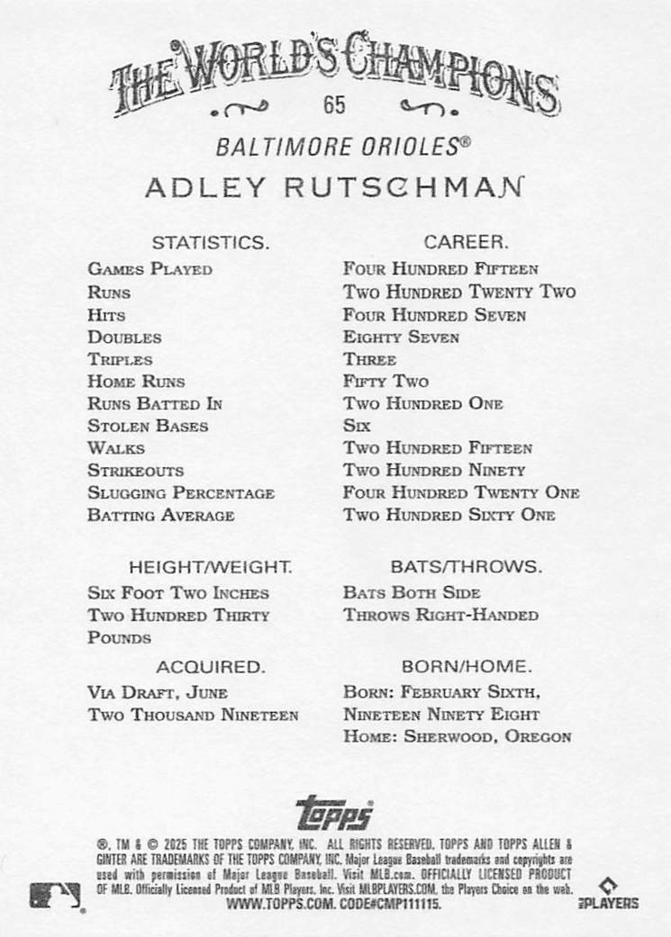 2025 Topps Allen & Ginter Baseball Adley Rutschman #65
