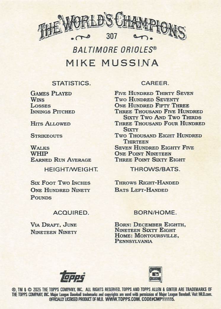 2025 Topps Allen & Ginter Baseball Mike Mussina #307