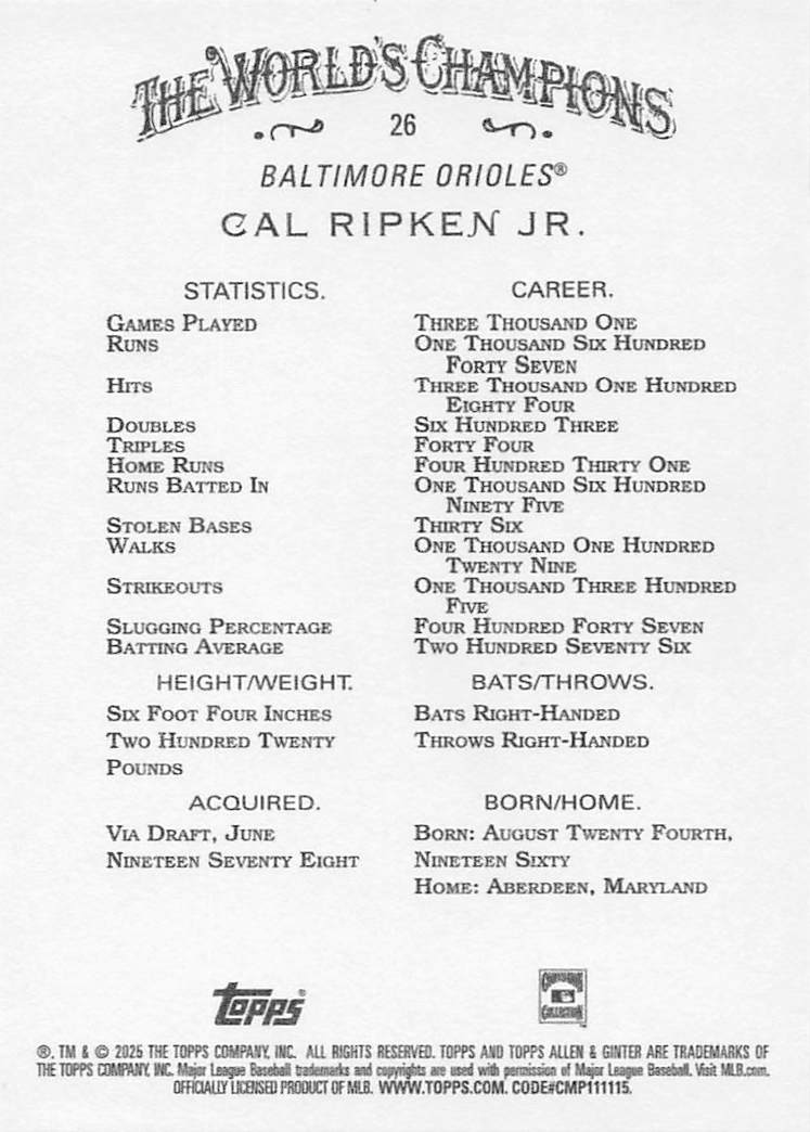 2025 Topps Allen & Ginter Baseball Cal Ripken Jr. #26