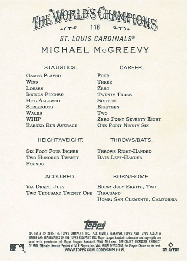 2025 Topps Allen & Ginter Baseball Michael McGreevy #118 Rookie