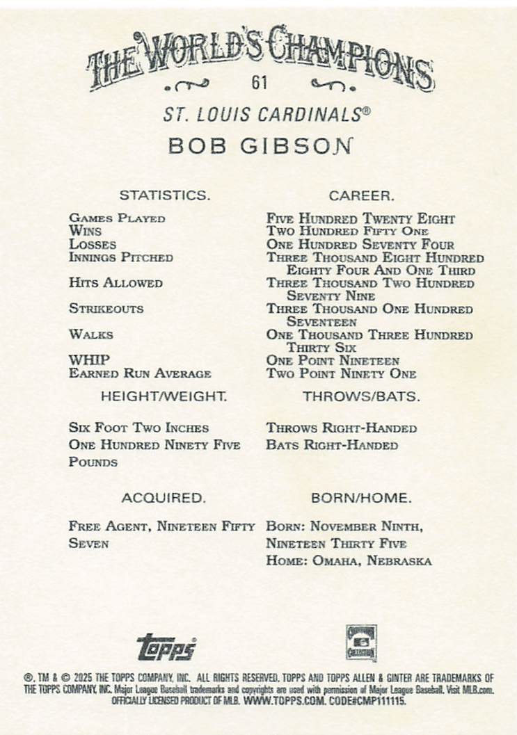 2025 Topps Allen & Ginter Baseball Bob Gibson #61