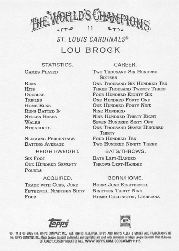 2025 Topps Allen & Ginter Baseball Lou Brock #11