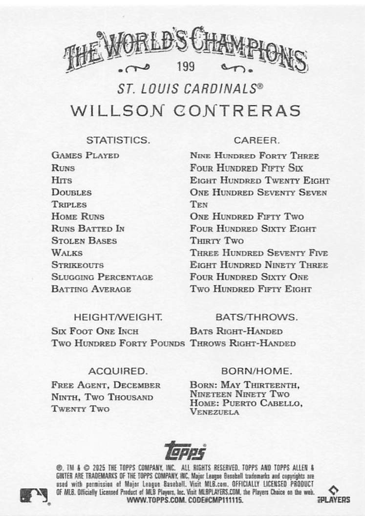 2025 Topps Allen & Ginter Baseball Willson Contreras #199