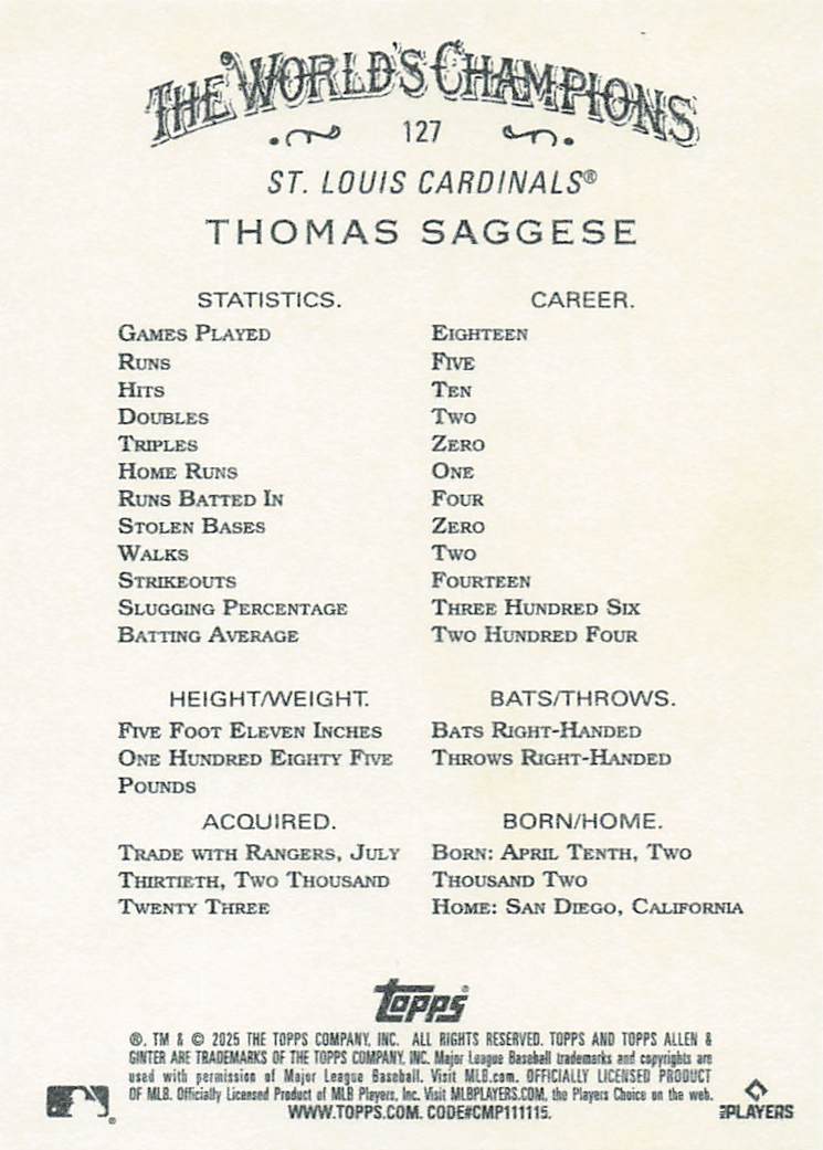 2025 Topps Allen & Ginter Baseball Thomas Saggese #127 Rookie