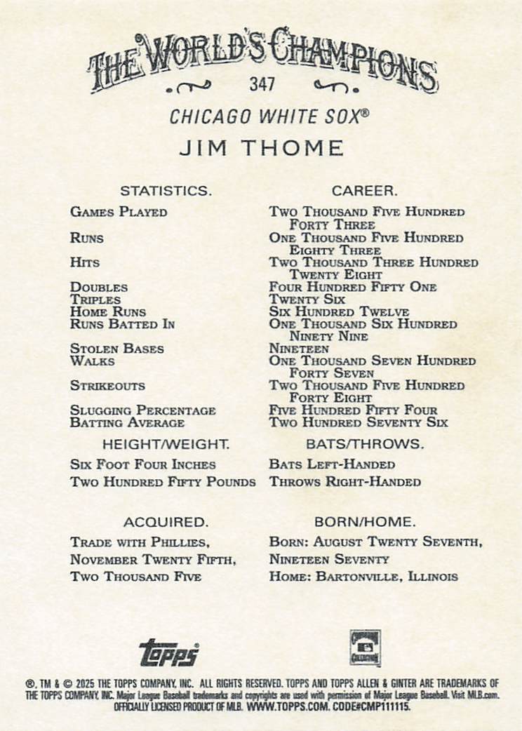 2025 Topps Allen & Ginter Baseball Jim Thome #347