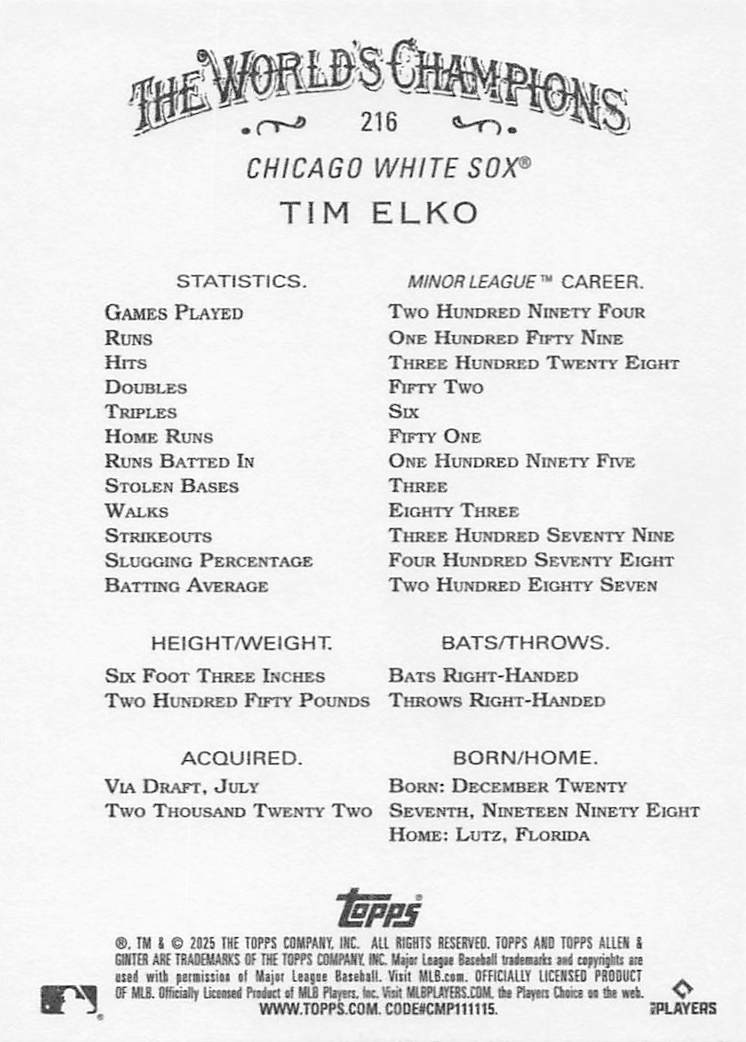 2025 Topps Allen & Ginter Baseball Tim Elko #216 Rookie