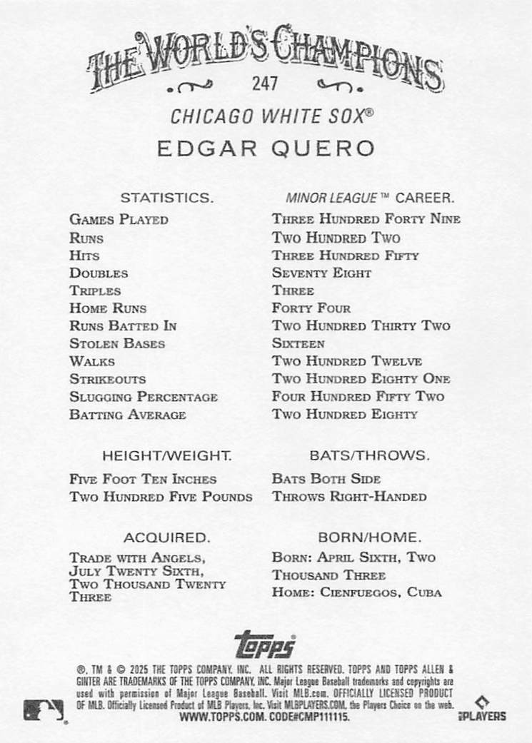2025 Topps Allen & Ginter Baseball Edgar Quero #247 Rookie