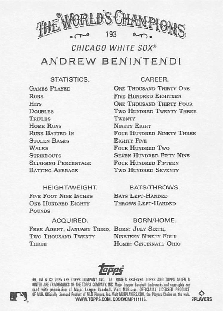 2025 Topps Allen & Ginter Baseball Andrew Benintendi #193
