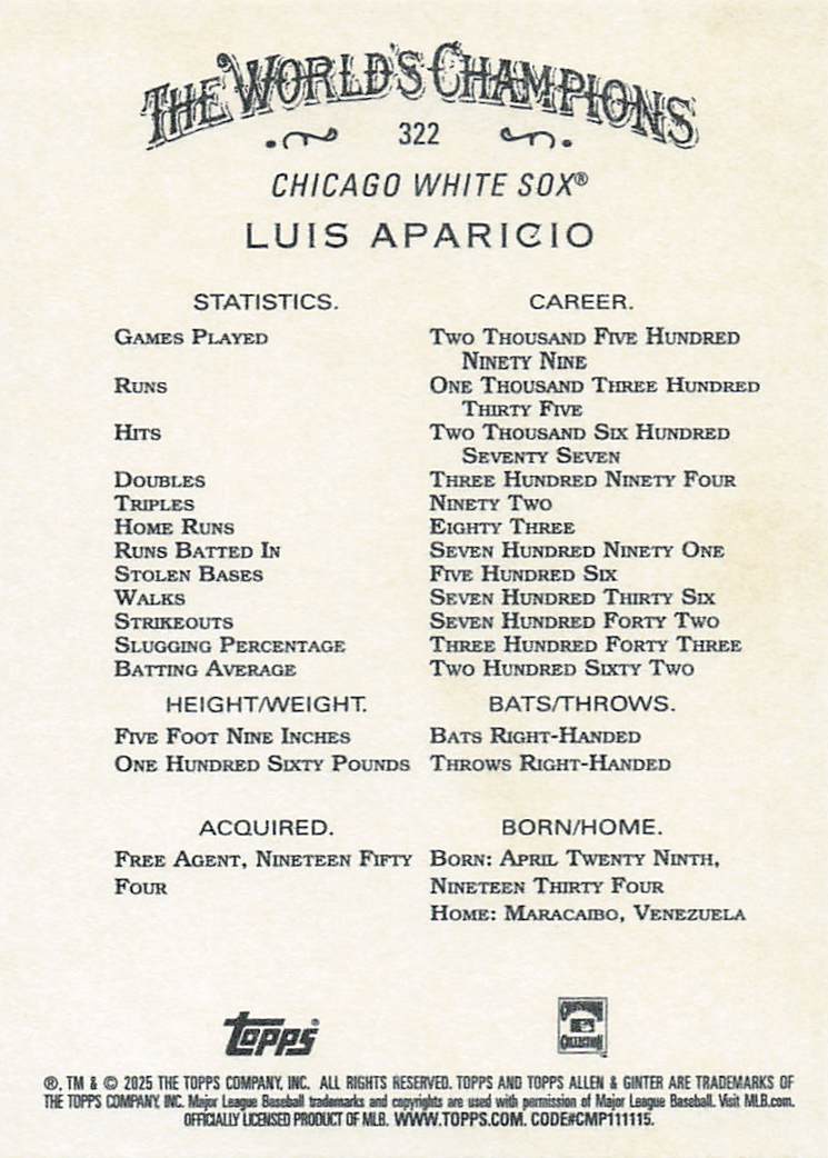 2025 Topps Allen & Ginter Baseball Luis Aparicio #322