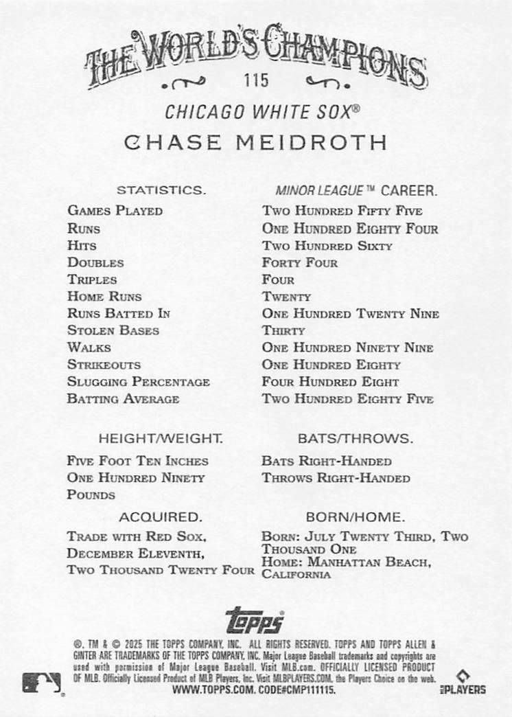 2025 Topps Allen & Ginter Baseball Chase Meidroth #115 Rookie