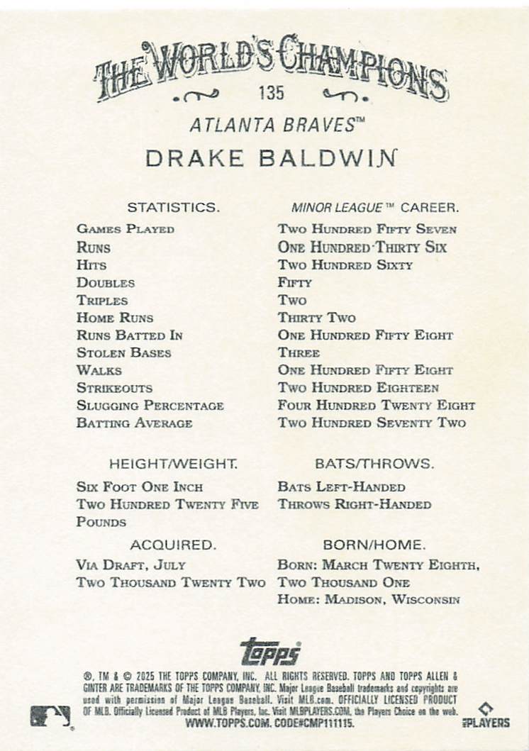 2025 Topps Allen & Ginter Baseball Drake Baldwin #135 Rookie