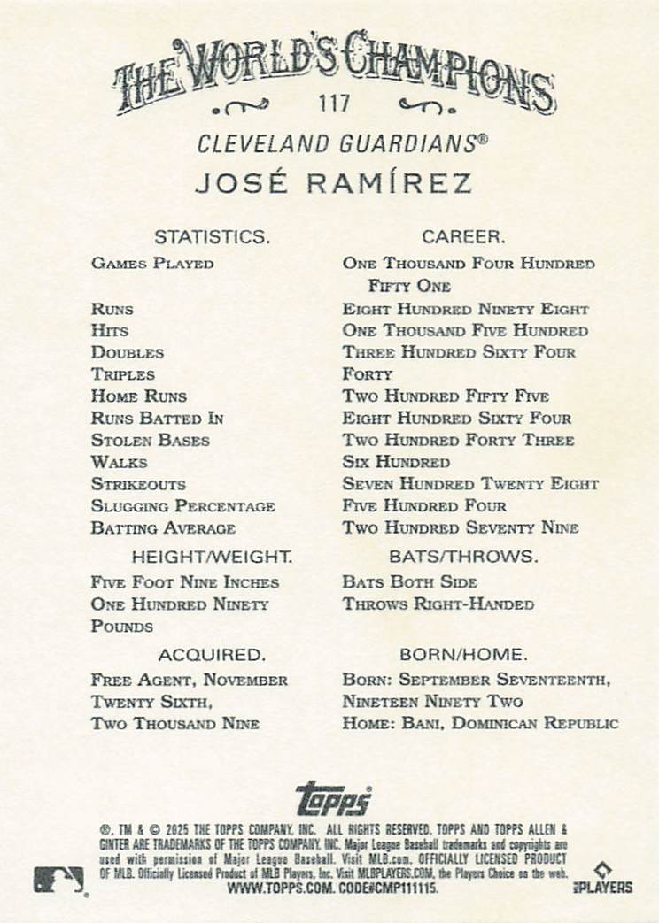 2025 Topps Allen & Ginter Baseball José Ramírez #117