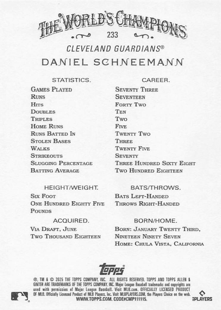 2025 Topps Allen & Ginter Baseball Daniel Schneemann #233 Rookie