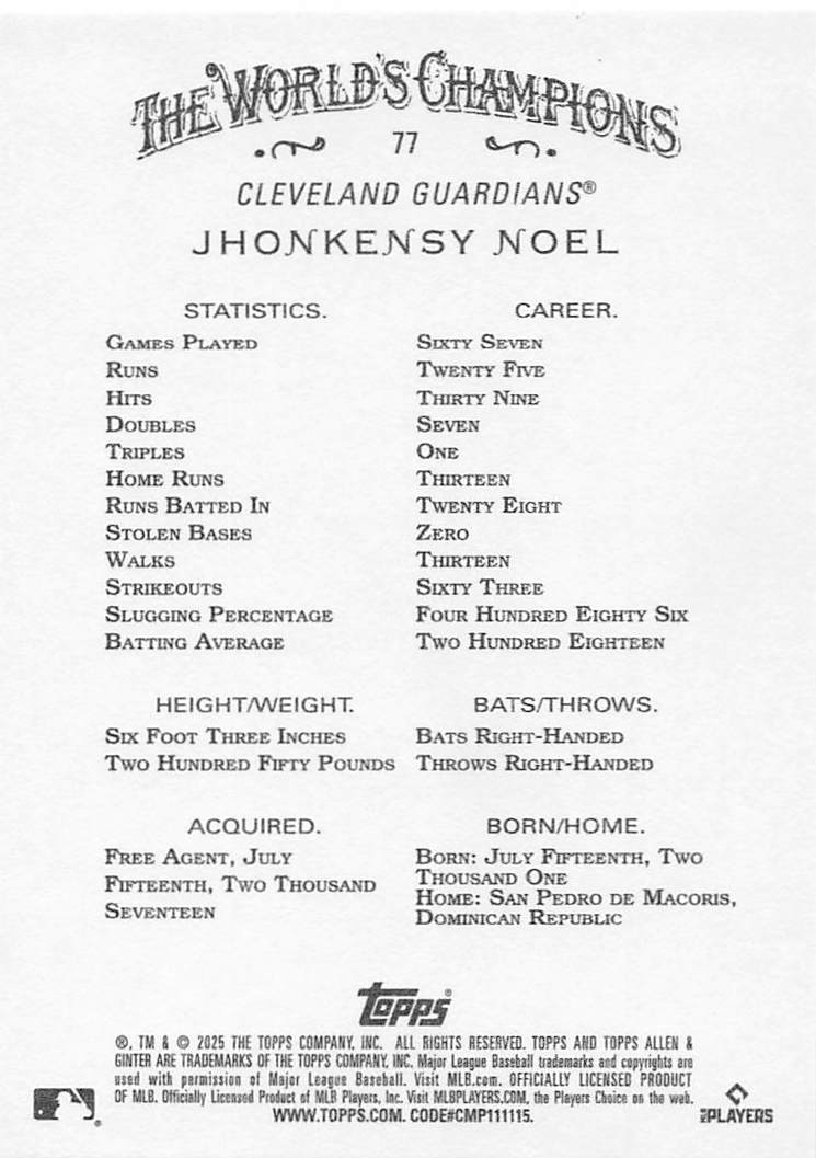 2025 Topps Allen & Ginter Baseball Jhonkensy Noel #77 Rookie