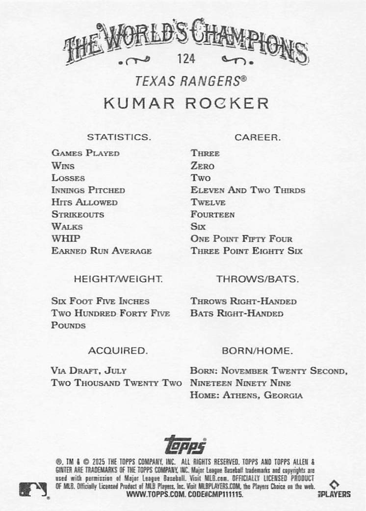2025 Topps Allen & Ginter Baseball Kumar Rocker #124 Rookie