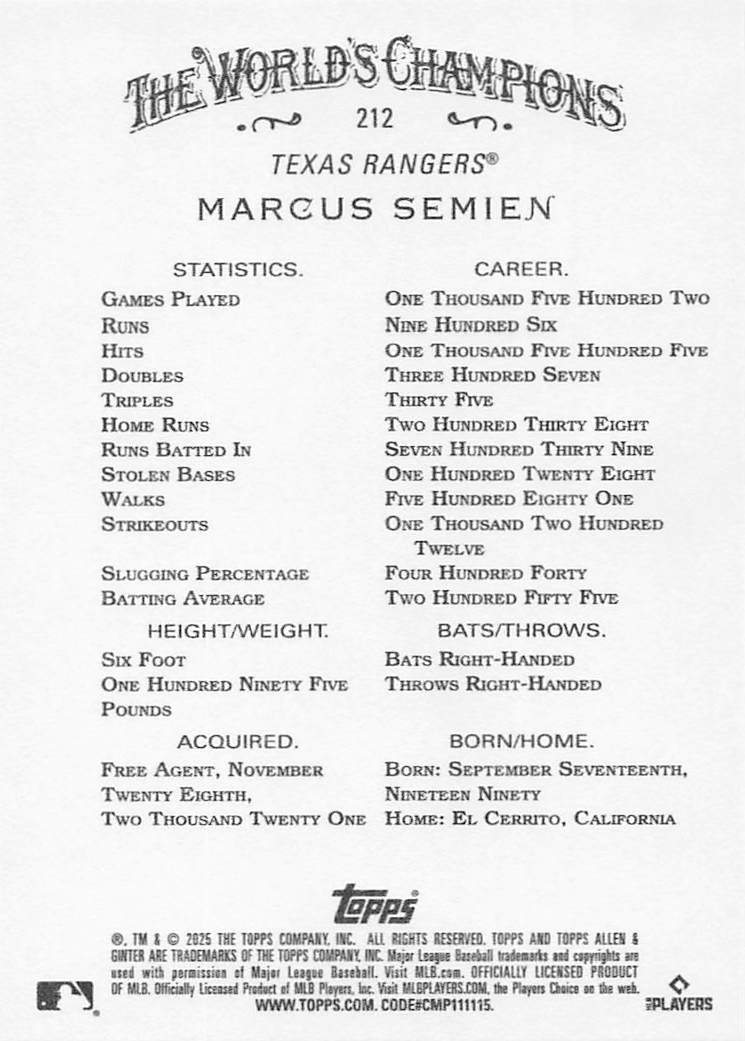 2025 Topps Allen & Ginter Baseball Marcus Semien #212