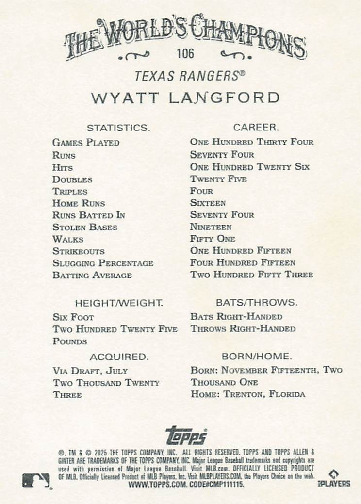 2025 Topps Allen & Ginter Baseball Wyatt Langford #106