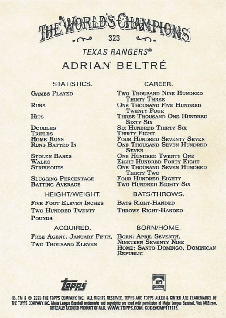 2025 Topps Allen & Ginter Baseball Adrian Beltré #323
