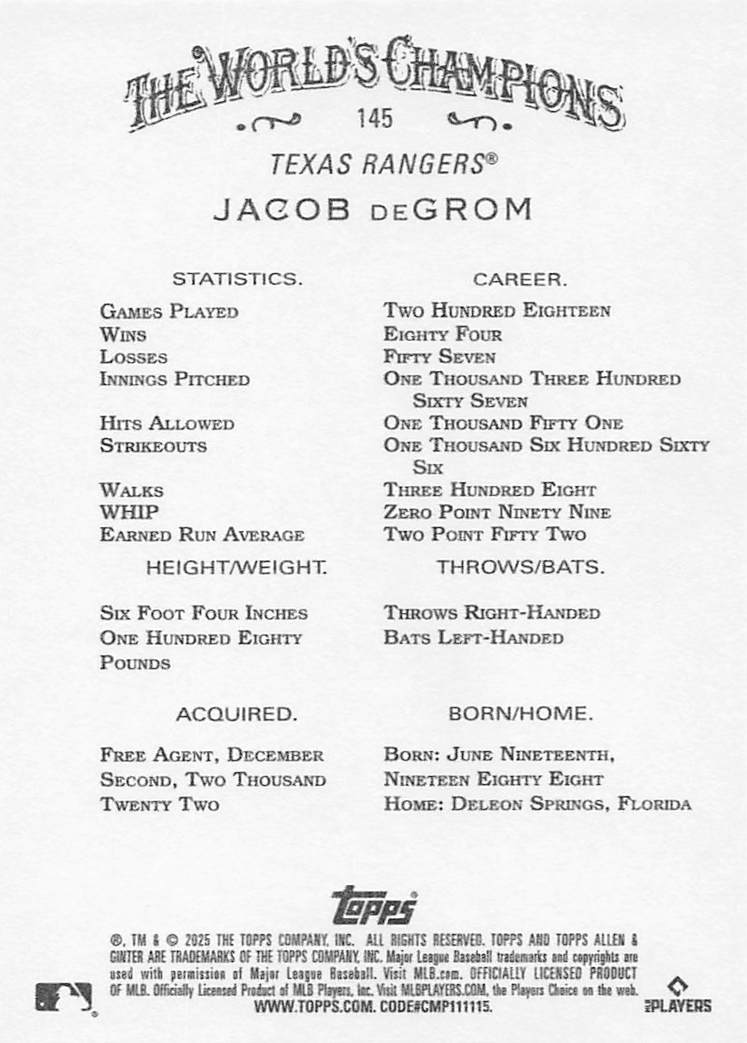 2025 Topps Allen & Ginter Baseball Jacob deGrom #145