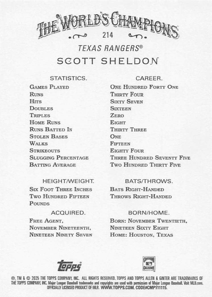 2025 Topps Allen & Ginter Baseball Scott Sheldon #214