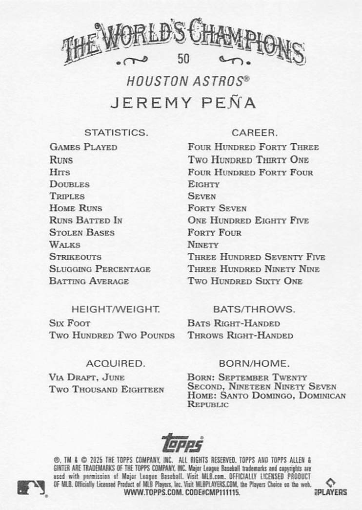 2025 Topps Allen & Ginter Baseball Jeremy Peña #50