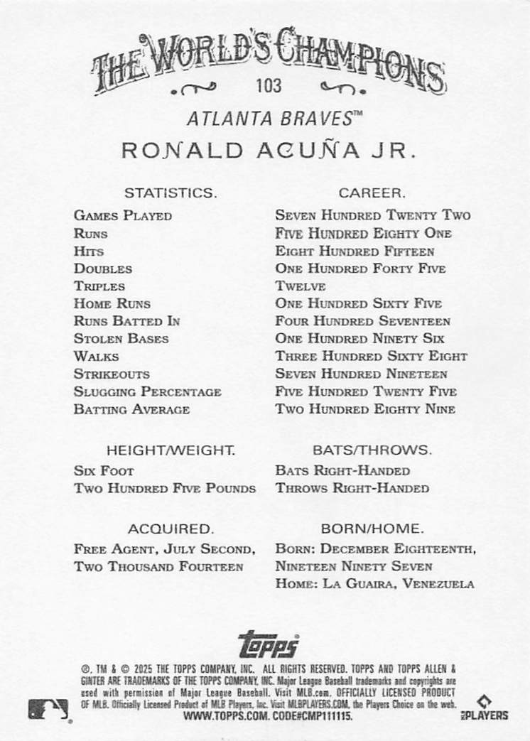 2025 Topps Allen & Ginter Baseball Ronald Acuña Jr. #103