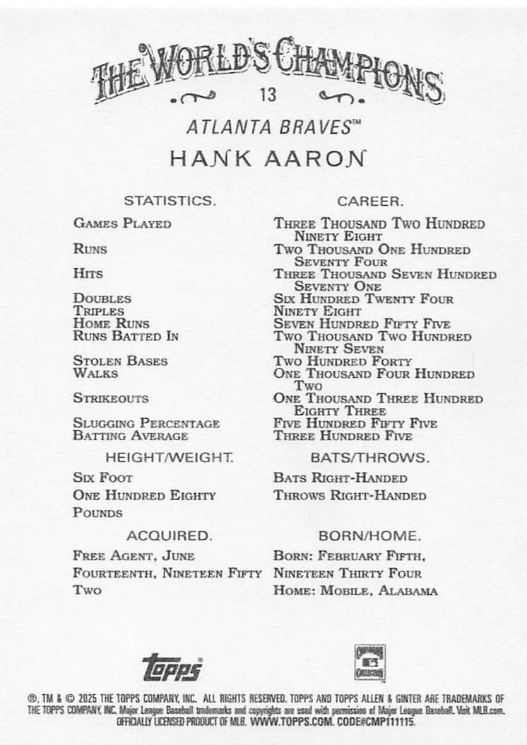 2025 Topps Allen & Ginter Baseball Hank Aaron #13