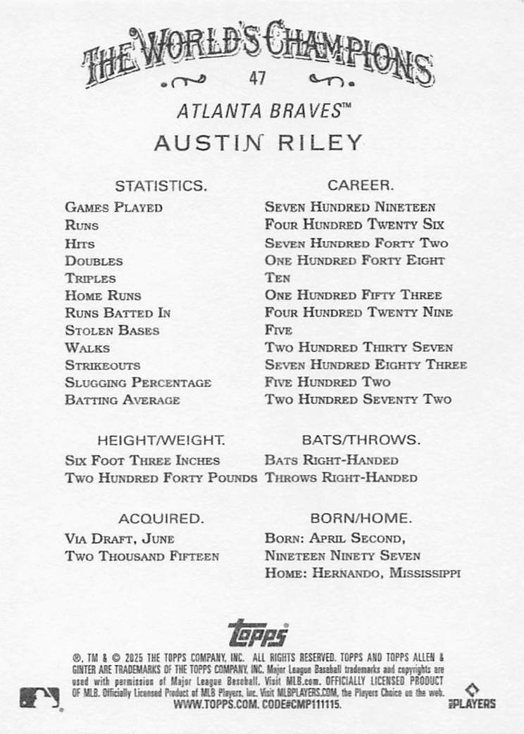 2025 Topps Allen & Ginter Baseball Austin Riley #47