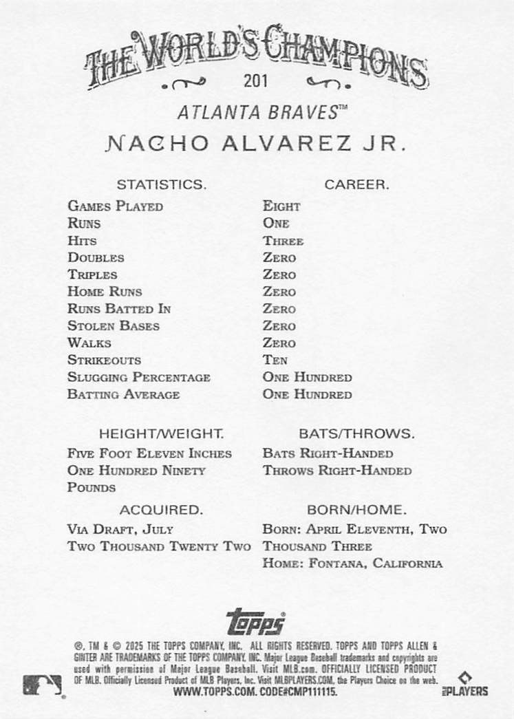 2025 Topps Allen & Ginter Baseball Nacho Alvarez Jr. #201 Rookie