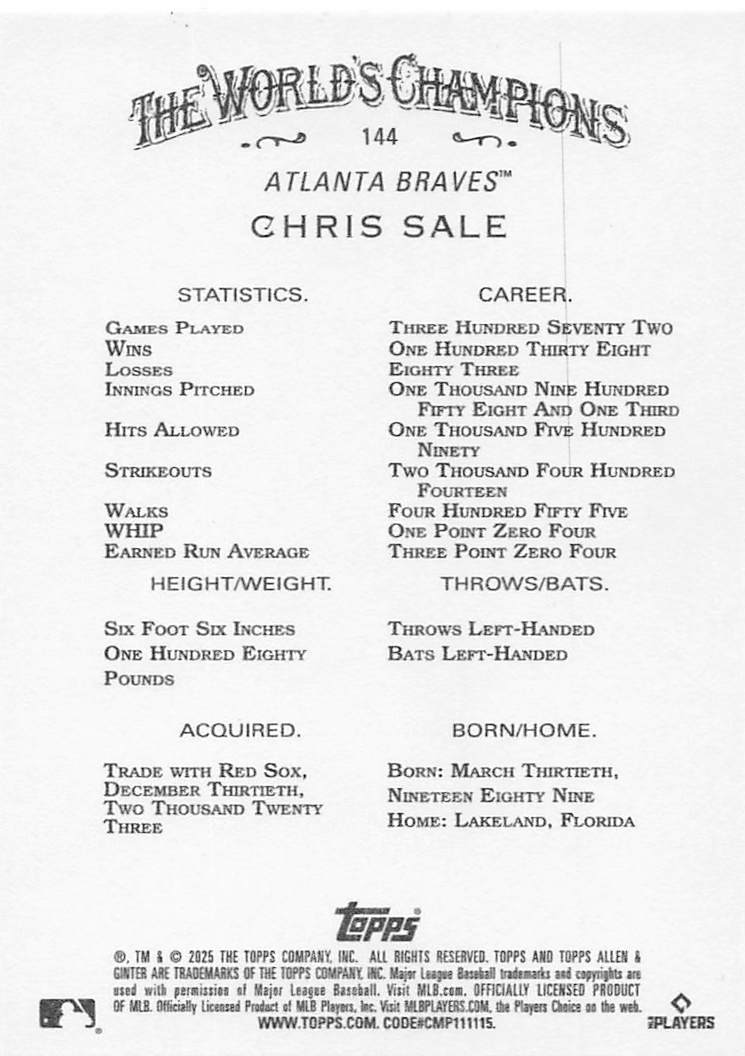 2025 Topps Allen & Ginter Baseball Chris Sale #144