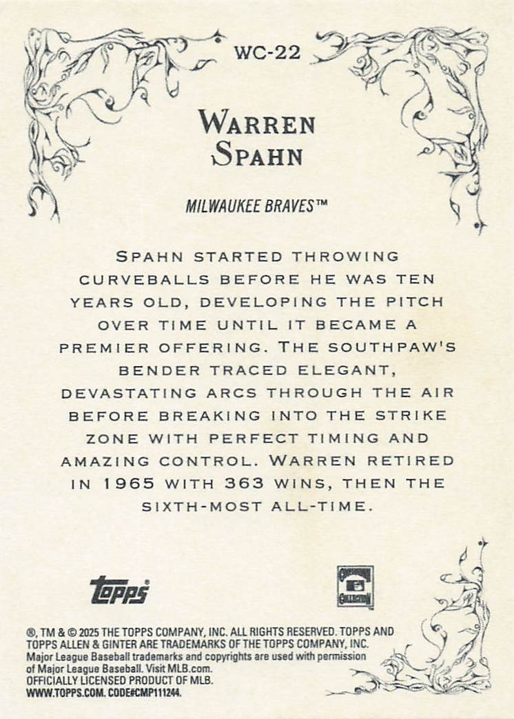 2025 Topps Allen & Ginter Baseball Wicked Curves Warren Spahn #WC-22