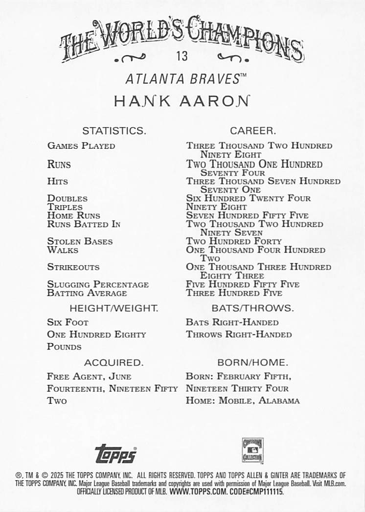 2025 Topps Allen & Ginter Baseball Silver Portrait Hank Aaron #13