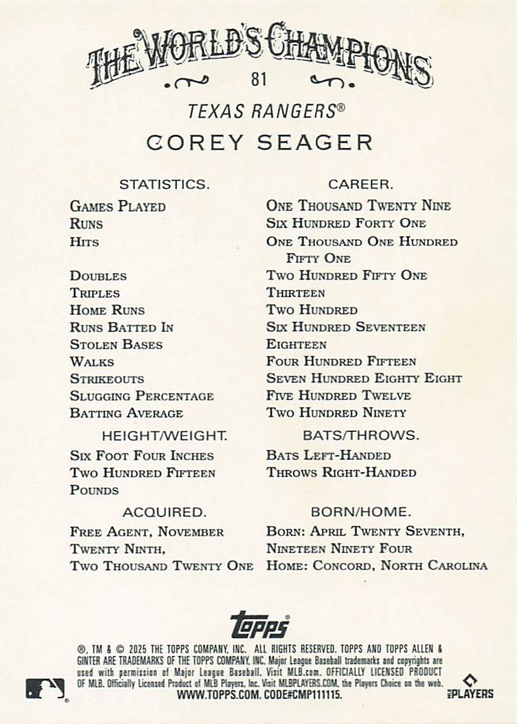 2025 Topps Allen & Ginter Baseball Silver Portrait Corey Seager #81