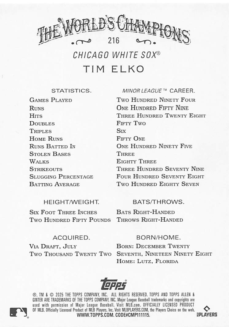 2025 Topps Allen & Ginter Baseball Silver Portrait Tim Elko #216 Rookie