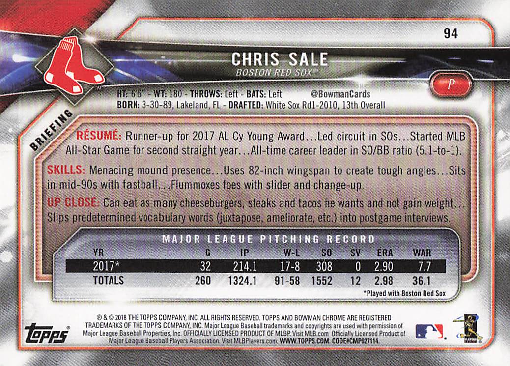 2018 Bowman Baseball Chris Sale #94