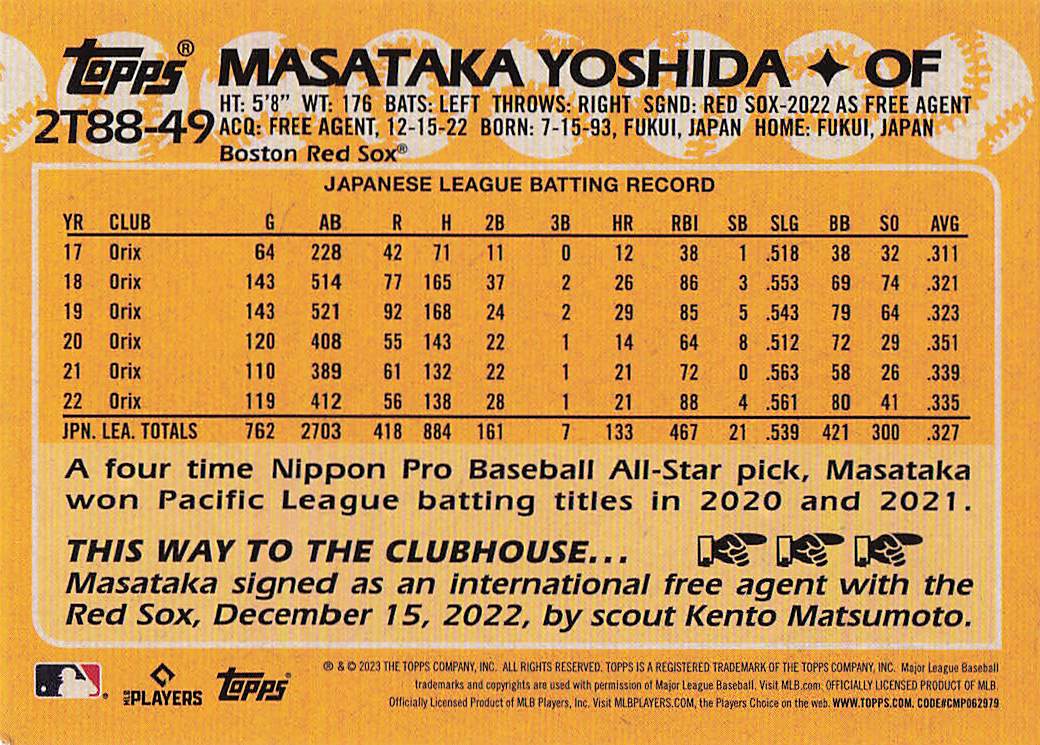 2023 Topps Baseball 1988 Topps Masataka Yoshida #2T88-49
