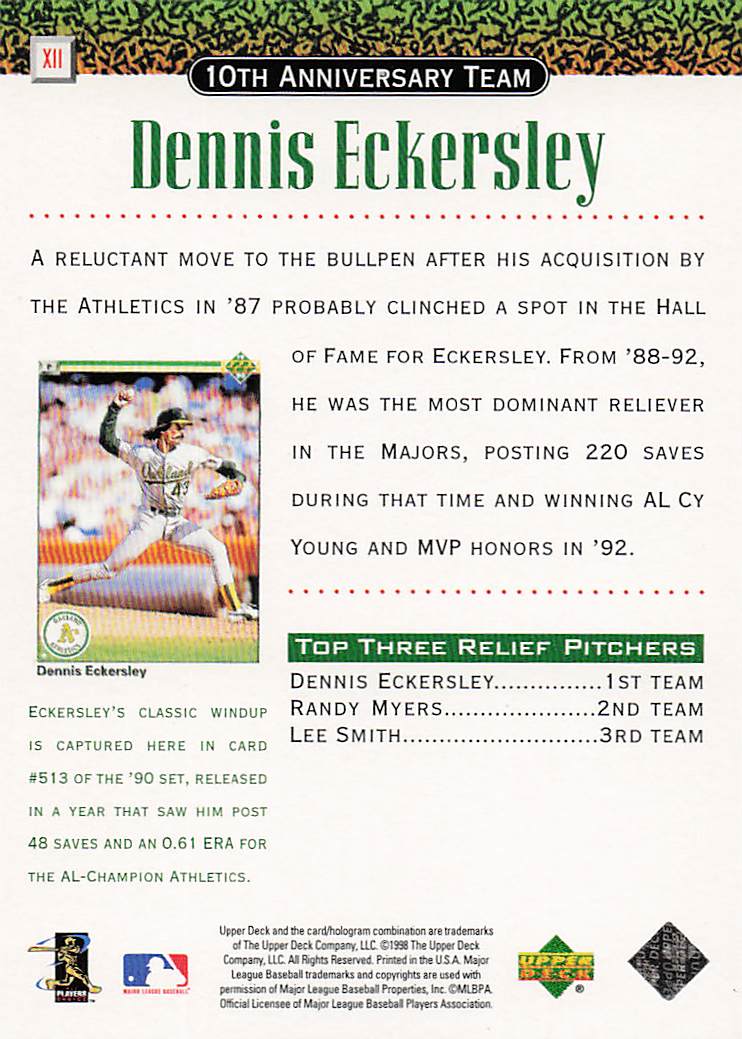 1999 Upper Deck Baseball 10th Anniversary Team Dennis Eckersley #X11