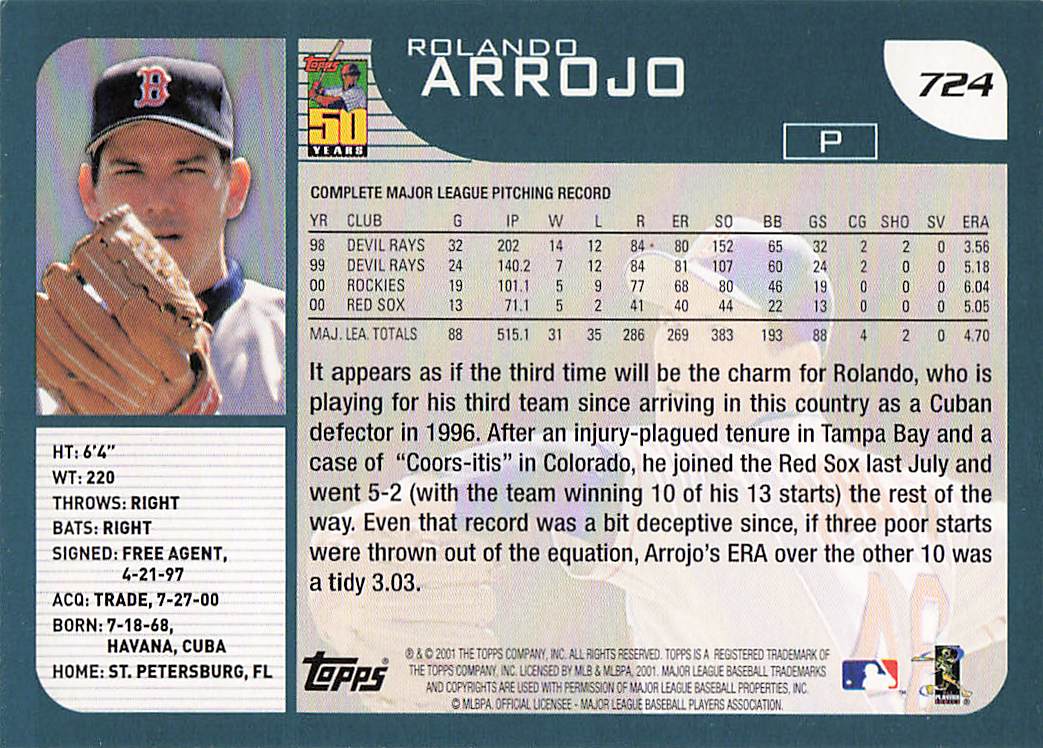 2001 Topps Baseball Rolando Arrojo #724