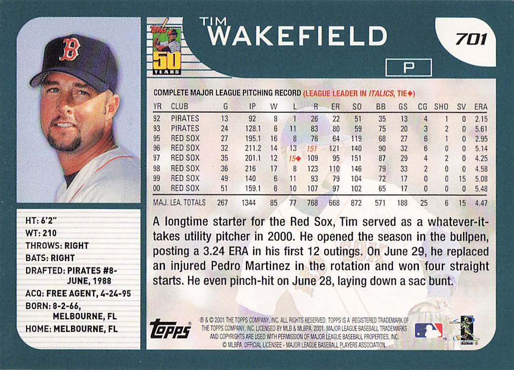 2001 Topps Baseball Tim Wakefield #701