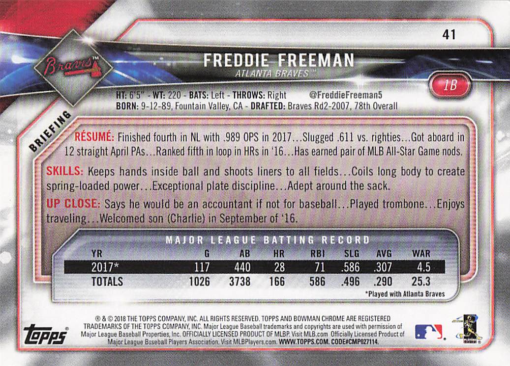 2018 Bowman Baseball Freddie Freeman #41