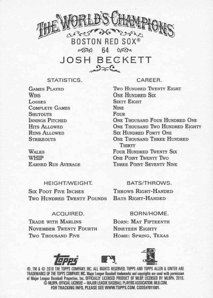 2010 Topps Allen & Ginter Baseball Josh Beckett #64