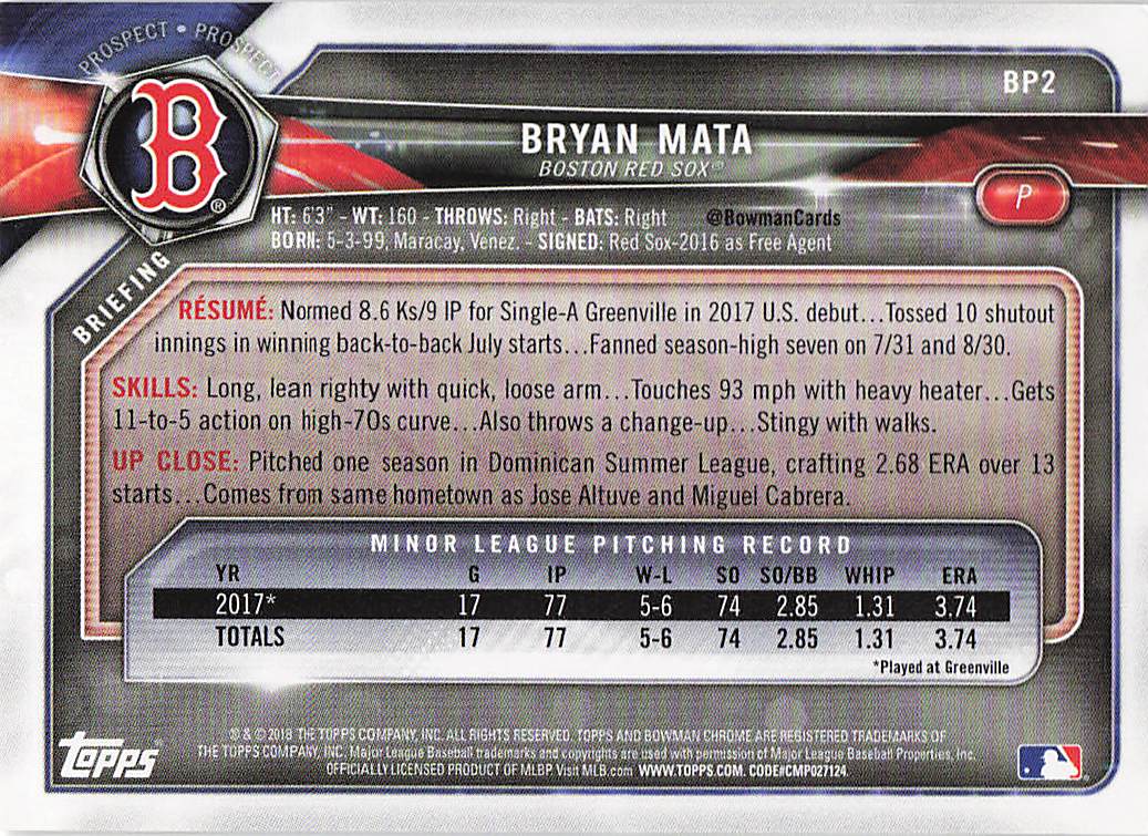 2018 Bowman Baseball Prospects Bryan Mata #BP2