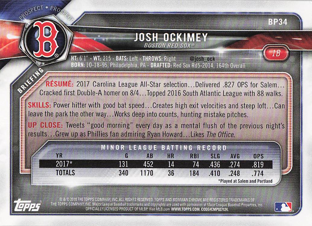 2018 Bowman Baseball Prospects Josh Ockimey #BP34