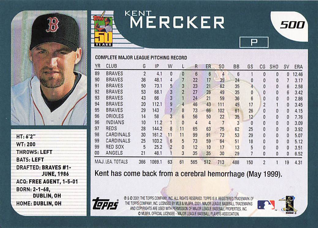 2001 Topps Baseball Kent Mercker #500
