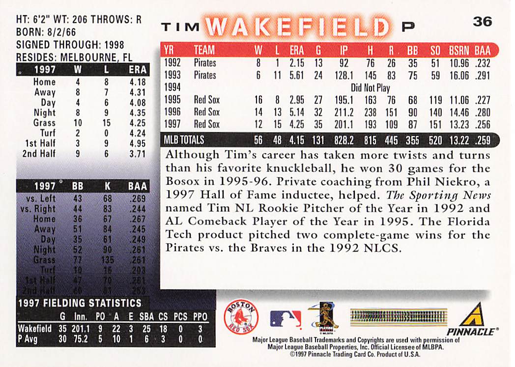 1998 Score Boston Red Sox Baseball Tim Wakefield #3