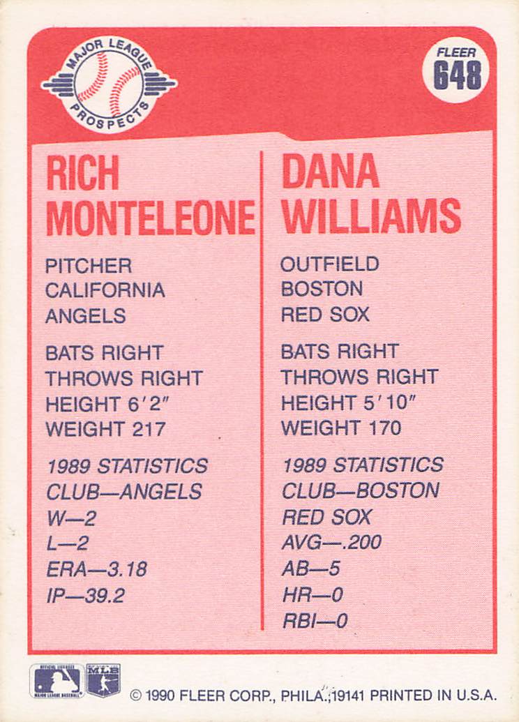 1990 Fleer Baseball Rich Monteleone / Dana Williams #648b Rookie
