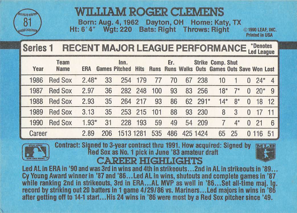 1991 Donruss Baseball Roger Clemens #81b