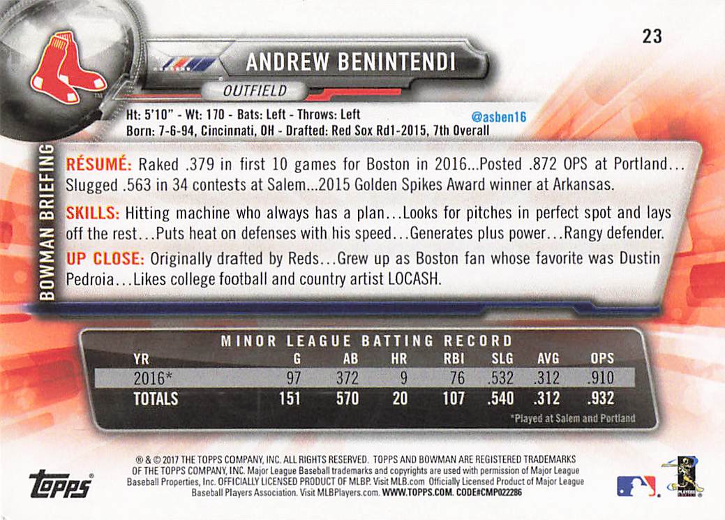 2017 Bowman Baseball Andrew Benintendi #23 Rookie