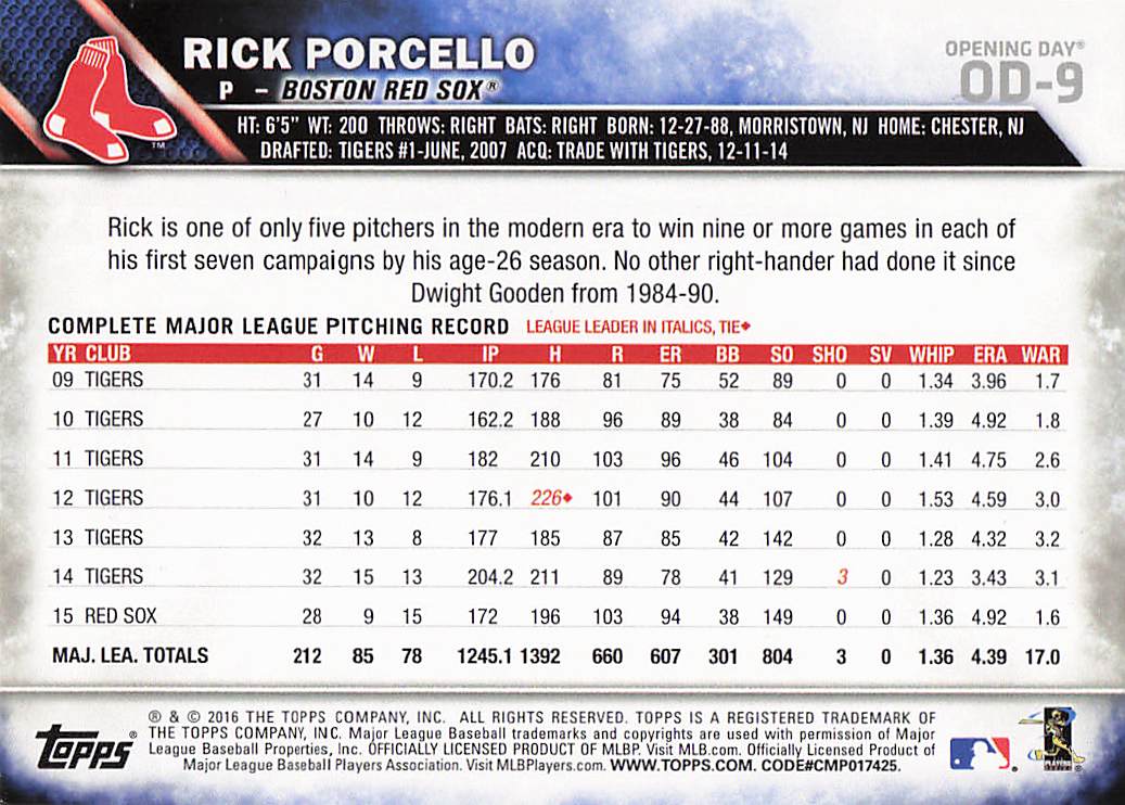 2016 Topps Baseball Rick Porcello #608